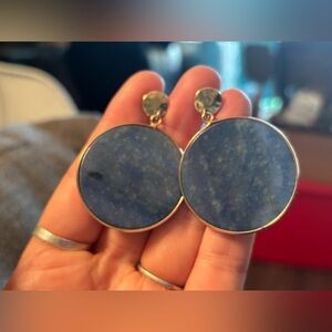 💙 Vintage Sodalite Gold Tone Disc Earrings • Statement Stud Drops • Retro Luxe